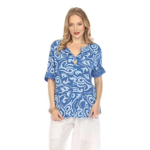 Royal Blue Spiral Print V-Neck Button Detail Top - Picture 1 of 10